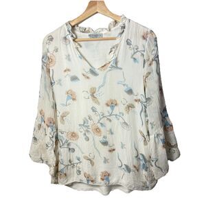 Angela Moda Silk Blouse Womens Medium Cream Ruffle Sheer Cottage Feminine Whimsy